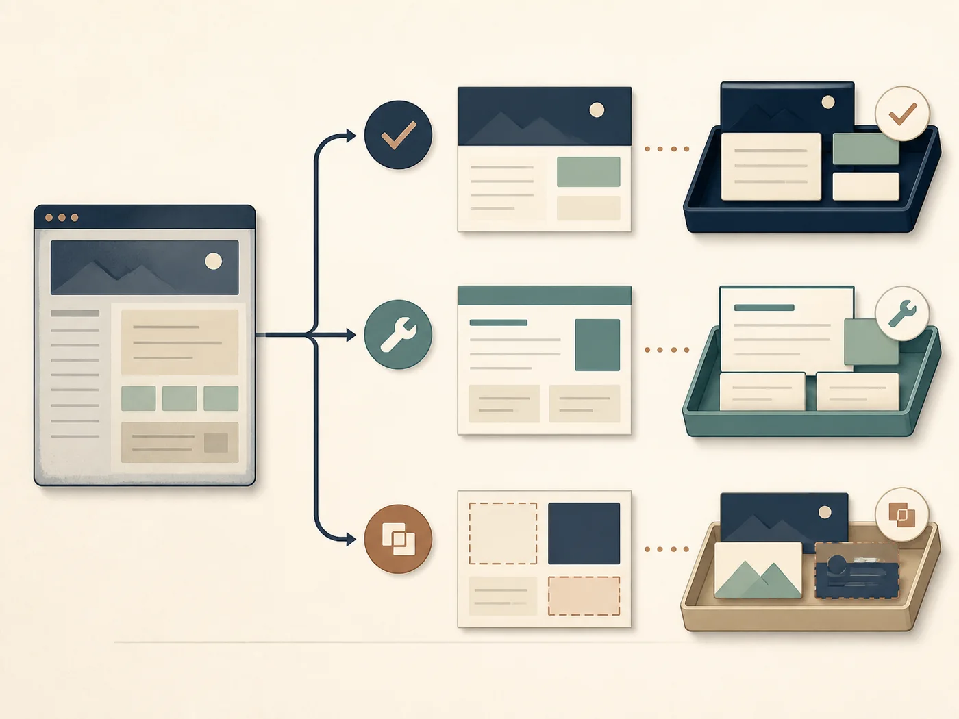 Diagram showing an existing website being sorted into keep, fix and replace decisions.