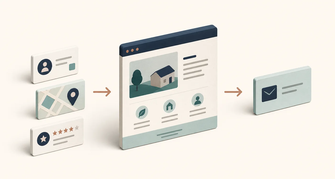 Diagram showing scattered online clues becoming a clear business website and then a customer enquiry.