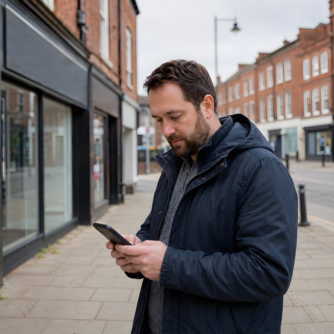 A customer checking business information on a phone on a North East high street