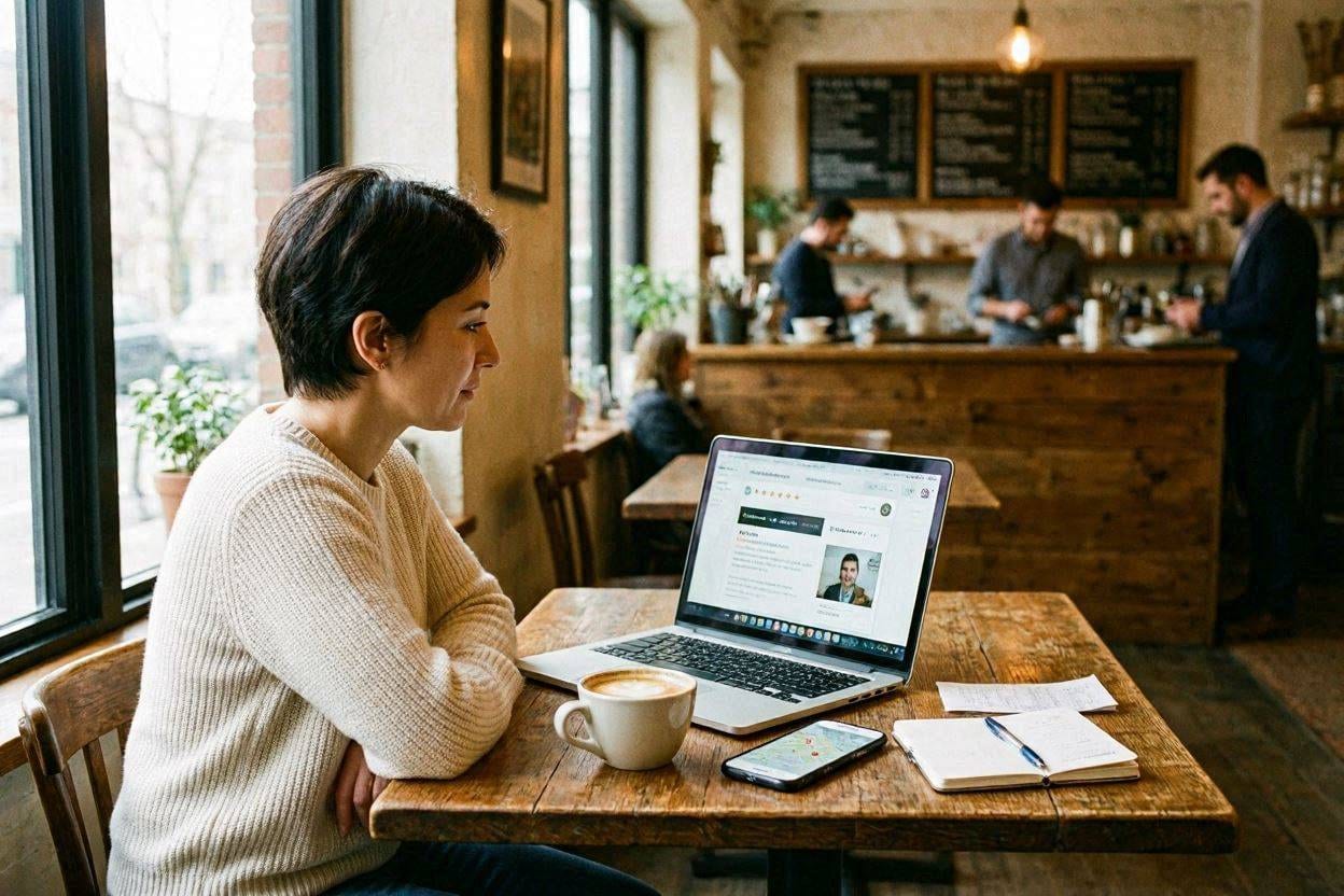 A customer checking reviews before visiting a local business website.