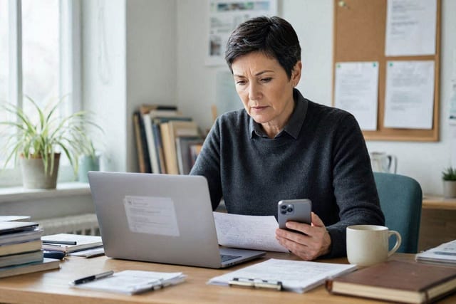 A business owner reviews online reputation concerns on a laptop.