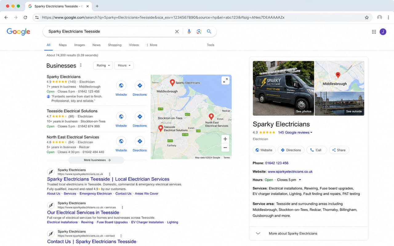 Google search results showing a Google Business Profile panel for a local business