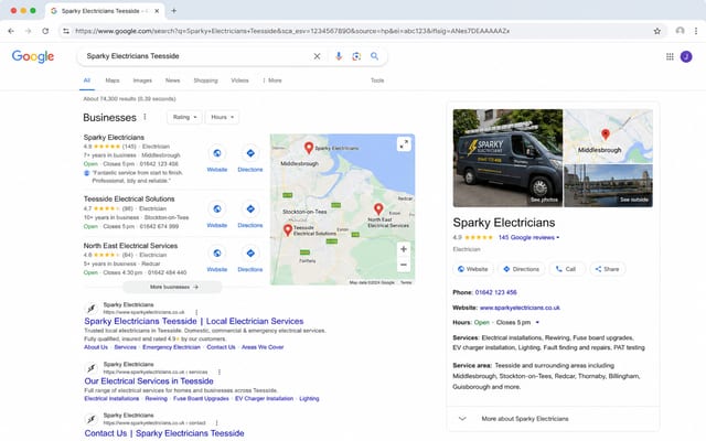 Google search results showing a Google Business Profile panel for a local business