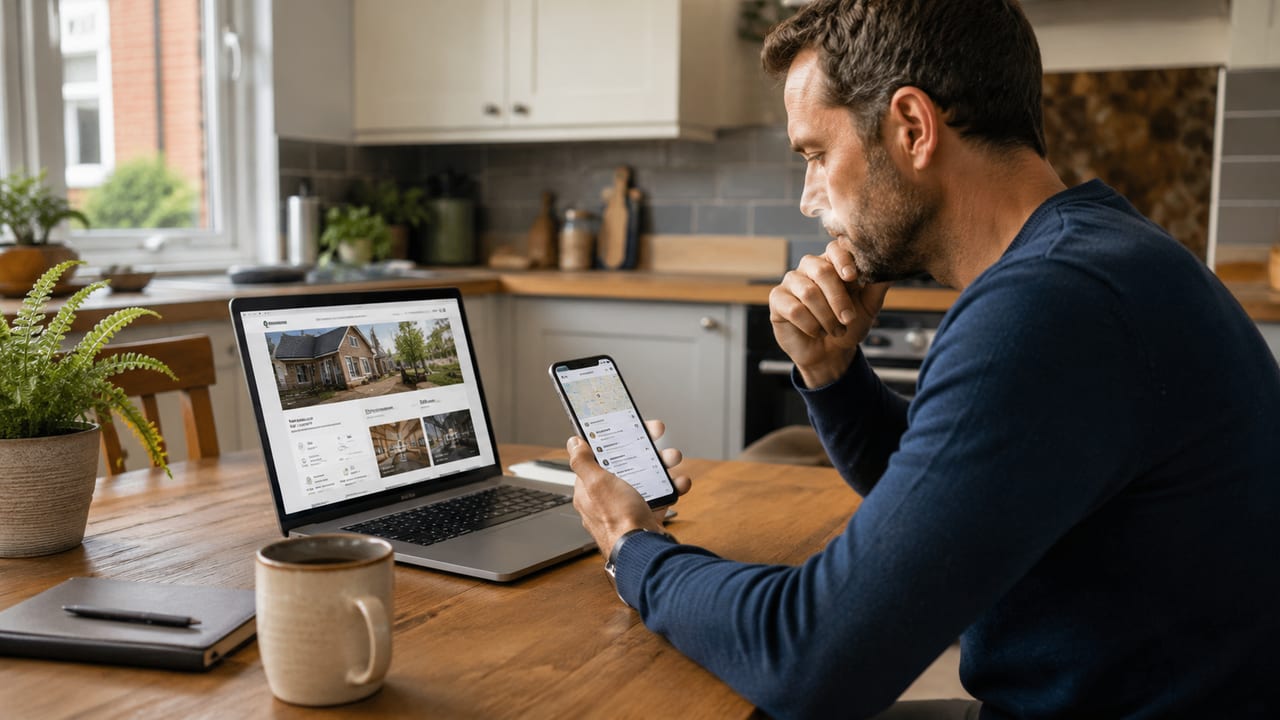 Man working on a laptop in a bright kitchen