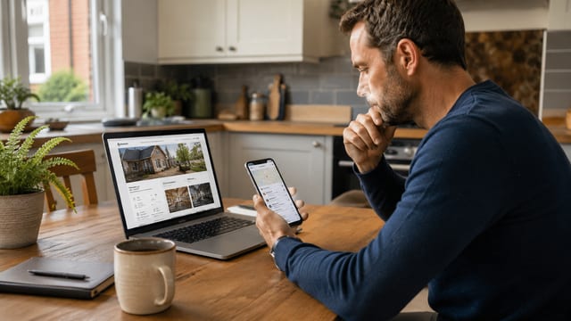 Man working on a laptop in a bright kitchen