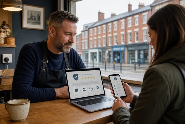 A Middlesbrough business owner and customer reviewing online trust signals on a laptop and phone.