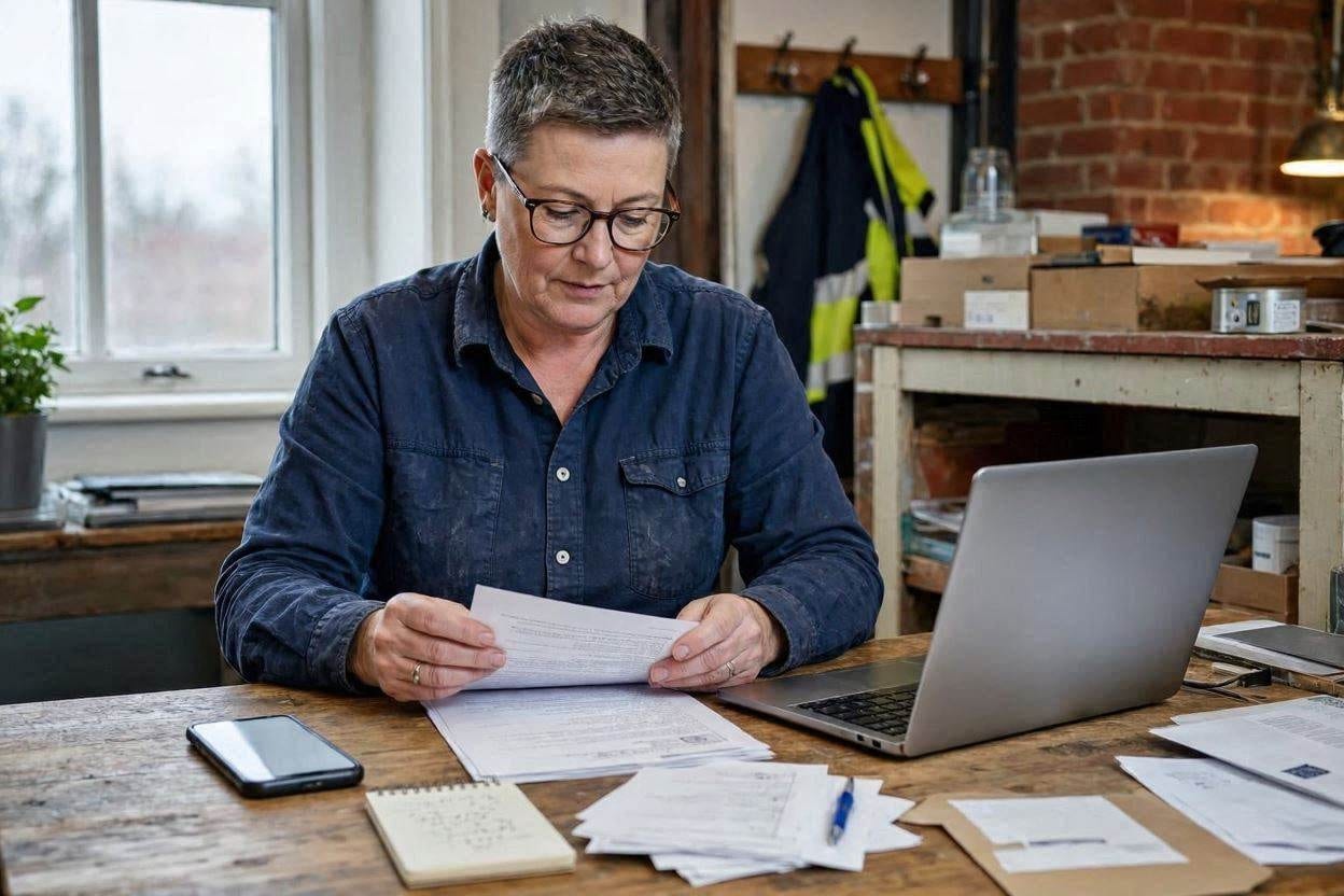 A local business owner reviews enquiries and online visibility notes.