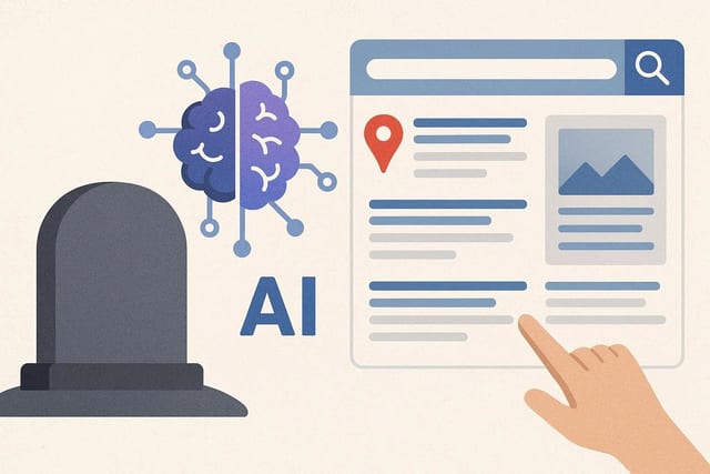 Search results and AI summaries shown on a laptop screen.