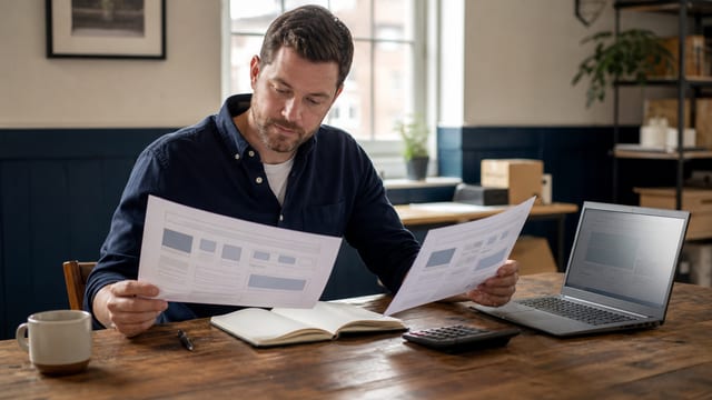 A small business owner comparing website project proposals at a work table.