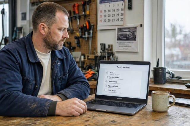 A Tees Valley small business owner reviewing website trust signals on a laptop.