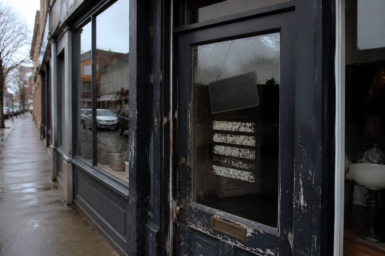 A closed UK shop door with worn opening-hours stickers on rain-spotted glass.