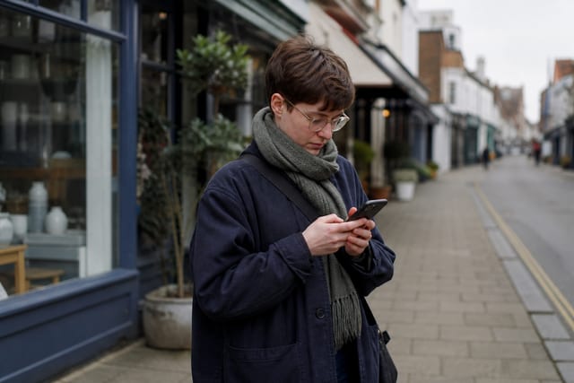 A person on a UK high street checking a local business on a smartphone.