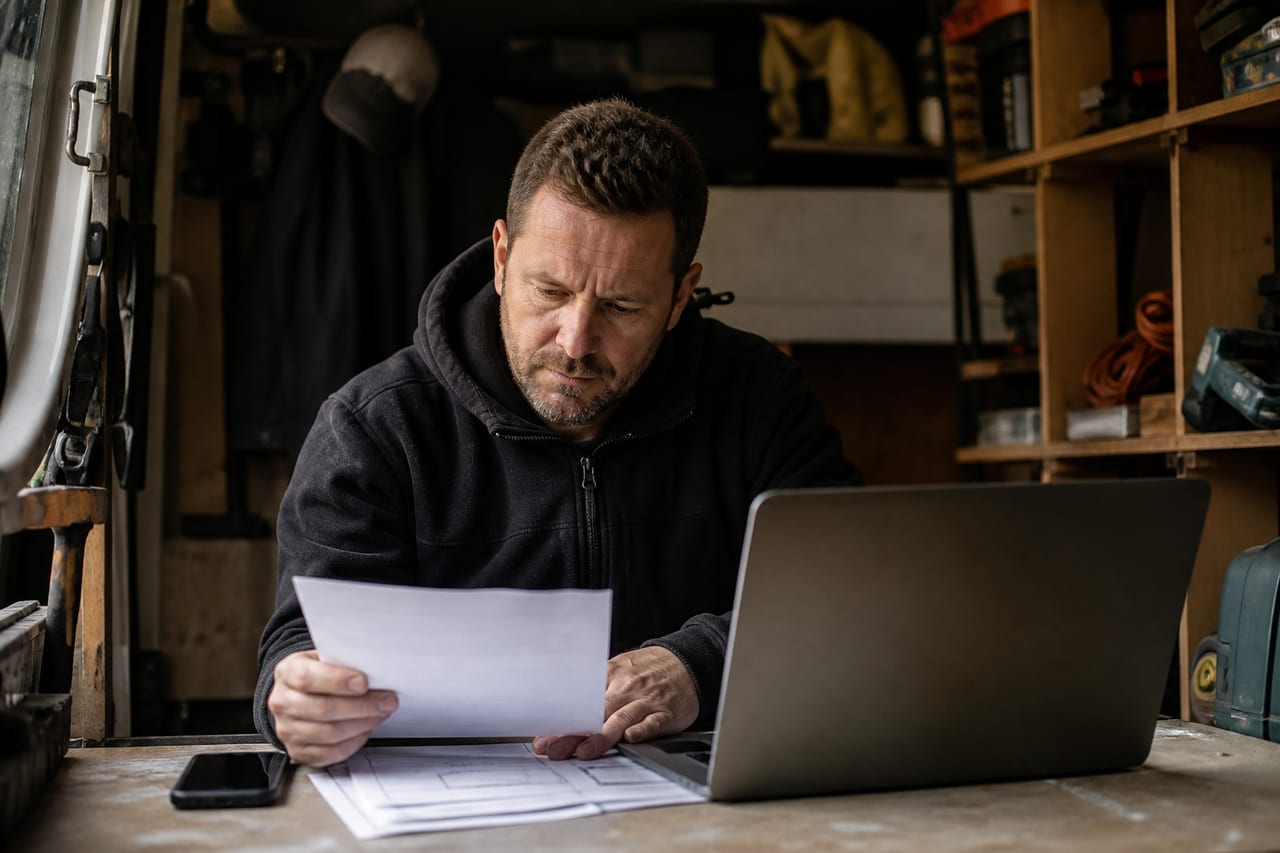 A trades business owner reviewing job notes beside a phone and laptop in a workshop.