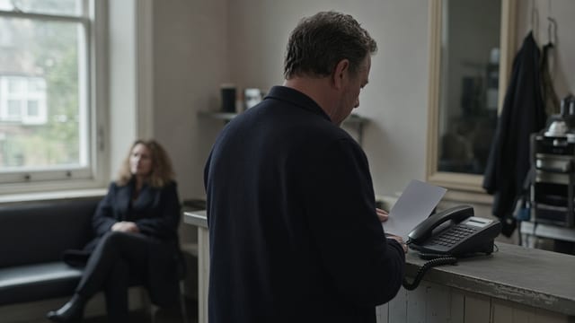 A small business owner looking at a short call log while a customer is still waiting for an answer.