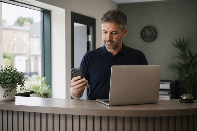 A business owner comparing a phone and a laptop at a reception desk, screens facing away.