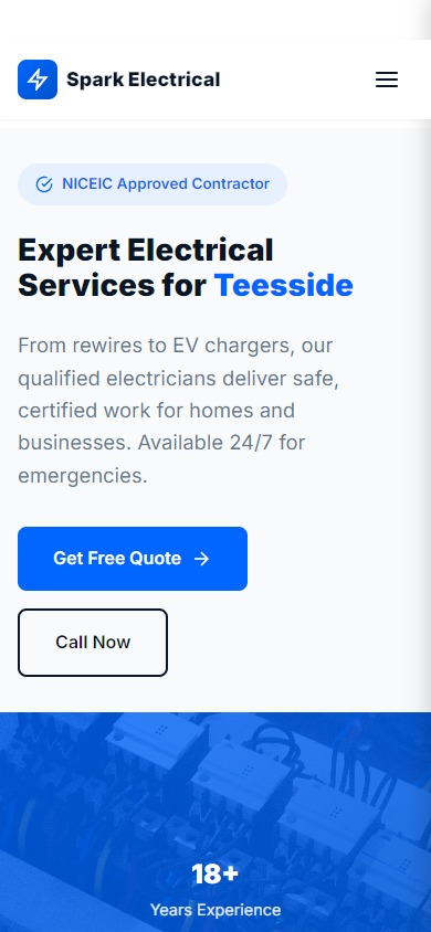 Electrician demo website with a split hero, blue accents and service listings