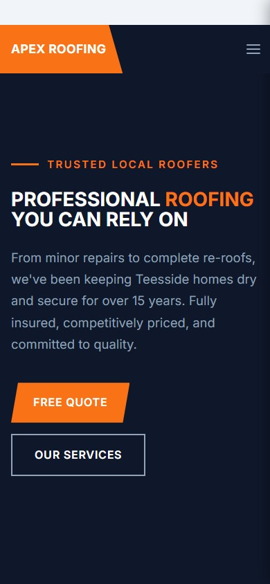 Roofer demo website with a dark industrial design and orange accents