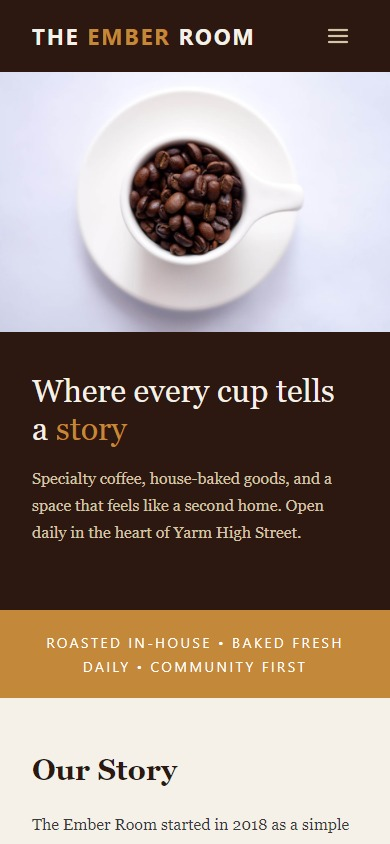 Cafe demo website with warm espresso tones, asymmetric grid hero and editorial layout
