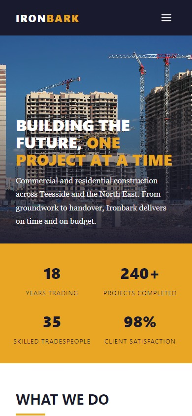 Construction demo website with navy theme, safety yellow accents and project grid