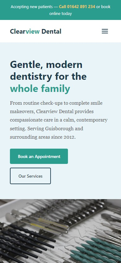 Dental demo website with a calming teal palette and trust-focused design